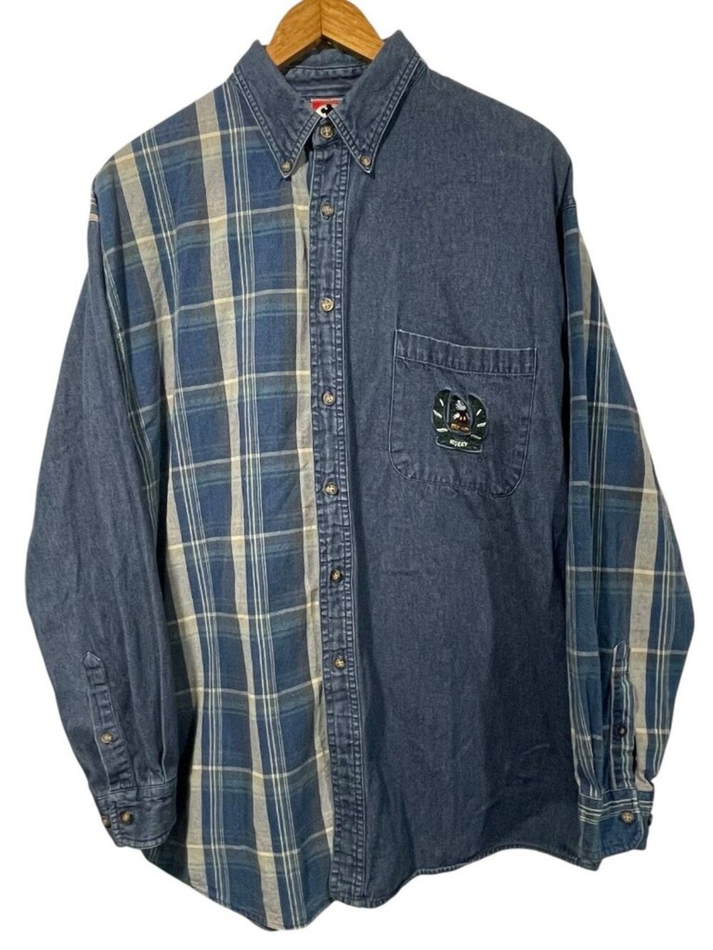 Vintage Mickey Inc Disney Denim Plaid Split Shirt Mens XL Blue Long Sleeve 90s